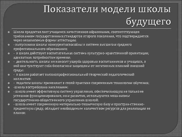     Показатели модели школы      будущего Школа