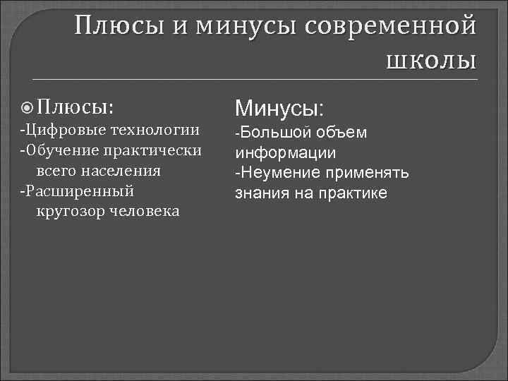  Плюсы и минусы современной      школы  Плюсы: 