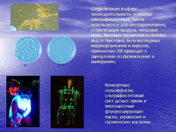 Стерилизация в сфере жизнедеятельности человека:  ультрафиолетовые лампы используются для обеззараживания,  стерилизации воздуха,