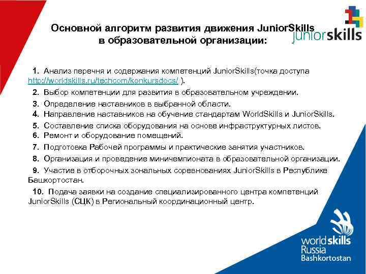  Основной алгоритм развития движения Junior. Skills   в образовательной организации: 1. 