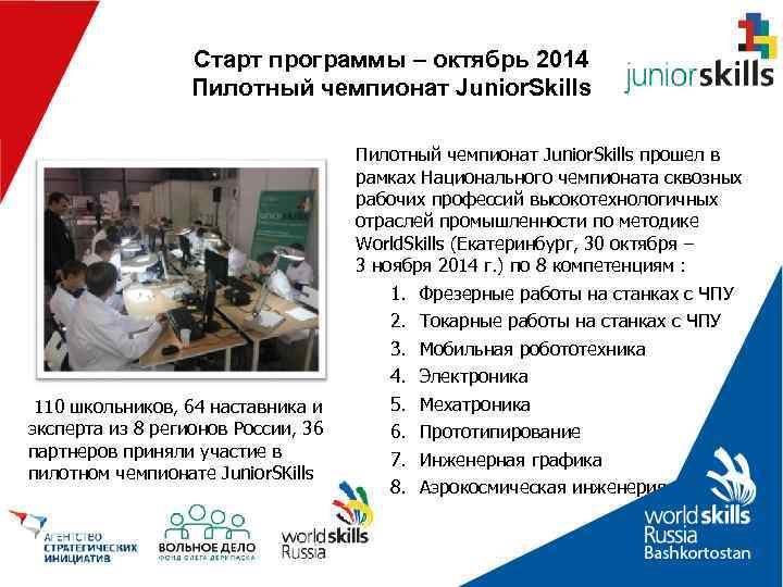   Старт программы – октябрь 2014    Пилотный чемпионат Junior.