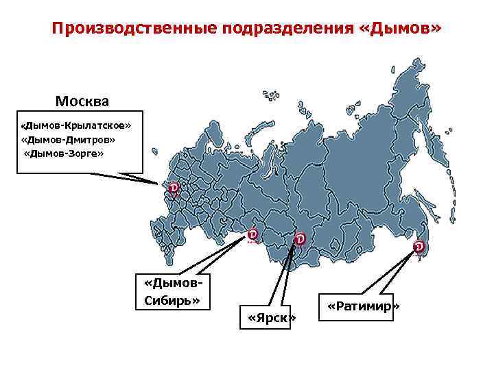  Производственные подразделения «Дымов»   Москва «Дымов-Крылатское»  «Дымов-Дмитров»  «Дымов-Зорге»  