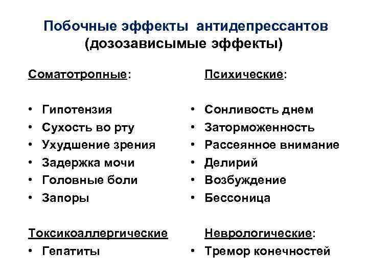  Побочные эффекты антидепрессантов  (дозозависымые эффекты) Соматотропные:   Психические:  • 