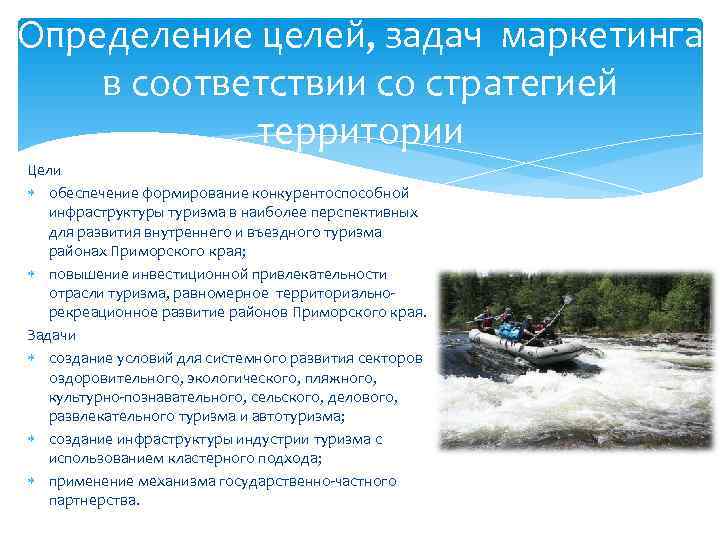 Определение целей, задач маркетинга в соответствии со стратегией   территории Цели  обеспечение