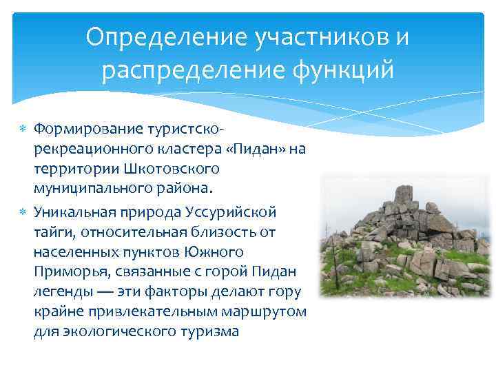   Определение участников и  распределение функций  Формирование туристско-  рекреационного кластера