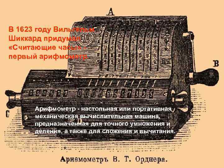 В 1623 году Вильгельм Шиккард придумал  «Считающие часы» - первый арифмометр.  Арифмометр