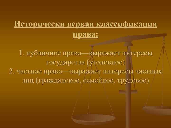  Исторически первая классификация    права:  1. публичное право—выражает интересы 
