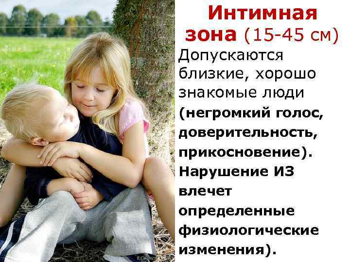 Интимная зона (15 -45 см) Допускаются близкие, хорошо знакомые люди (негромкий голос, доверительность,