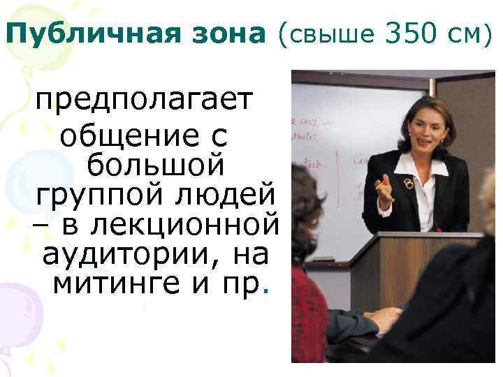 Публичная зона (свыше 350 см)  предполагает  общение с большой группой людей –
