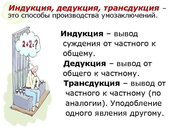 Индукция, дедукция, трансдукция – это способы производства умозаключений.    Индукция – вывод