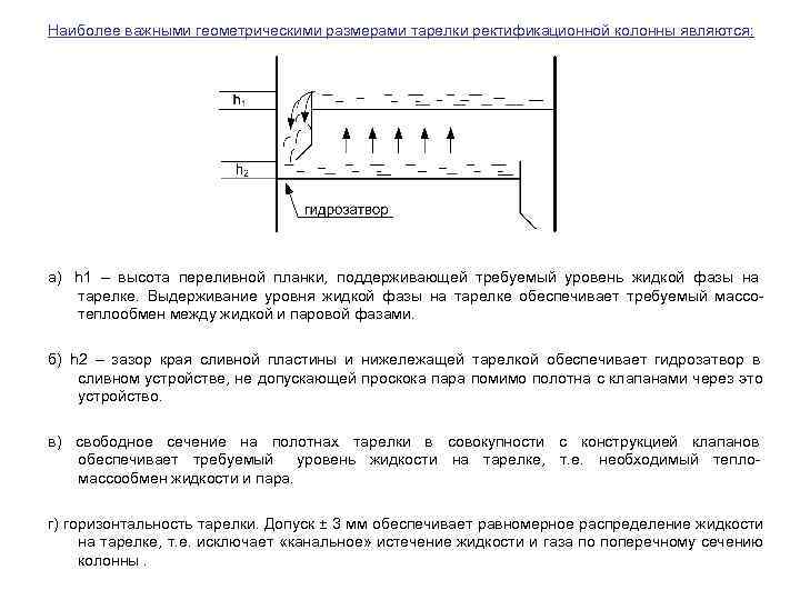 Наиболее важными геометрическими размерами тарелки ректификационной колонны являются: а) h 1 – высота переливной