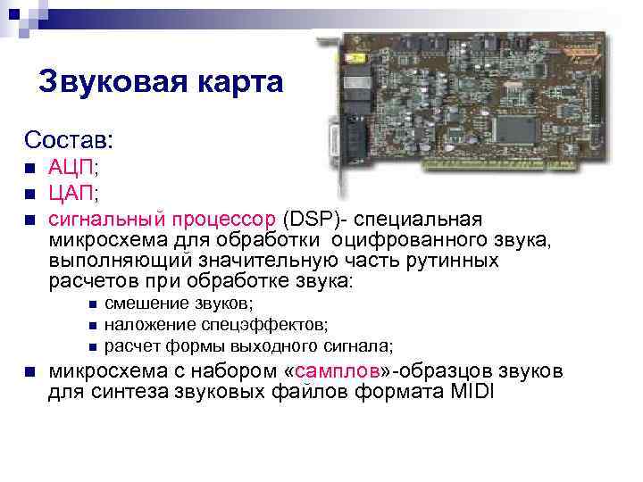   Звуковая карта Состав: n  АЦП; n  ЦАП; n  сигнальный