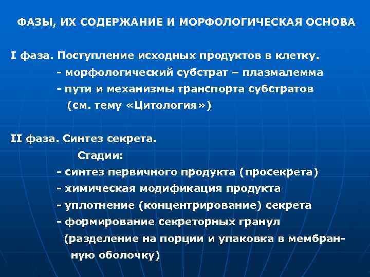 ФАЗЫ, ИХ СОДЕРЖАНИЕ И МОРФОЛОГИЧЕСКАЯ ОСНОВА  I фаза. Поступление исходных продуктов в клетку.