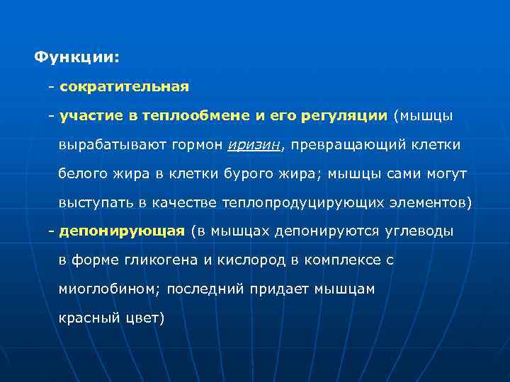 Функции: - сократительная - участие в теплообмене и его регуляции (мышцы Функции: - сократительная - участие в теплообмене и его регуляции (мышцы