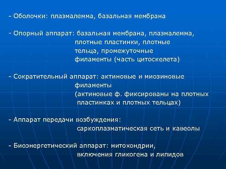 - Оболочки: плазмалемма, базальная мембрана - Опорный аппарат: базальная мембрана, плазмалемма, - Оболочки: плазмалемма, базальная мембрана - Опорный аппарат: базальная мембрана, плазмалемма,