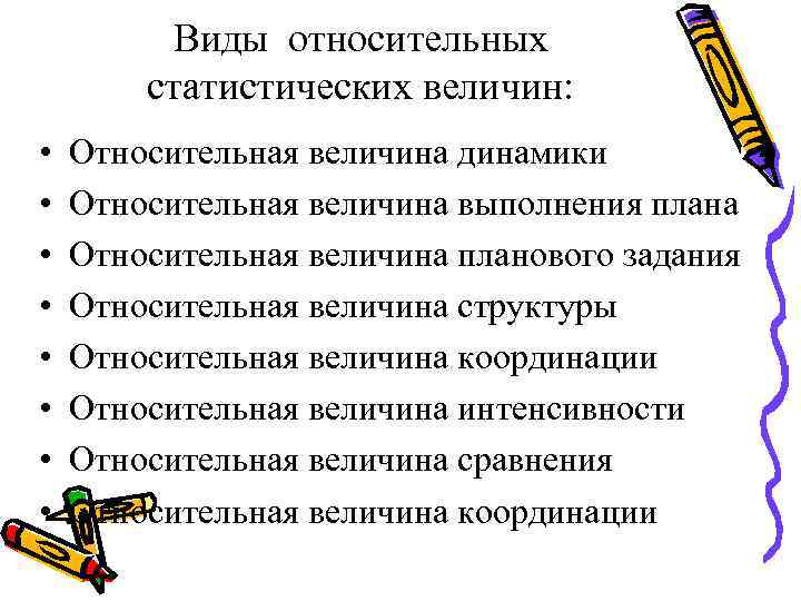    Виды относительных   статистических величин:  •  Относительная величина