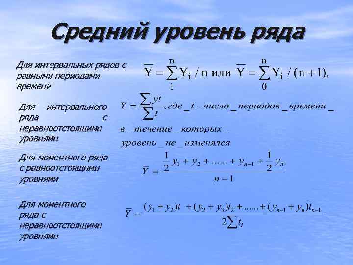   Средний уровень ряда Для интервальных рядов с равными периодами времени Для интервального