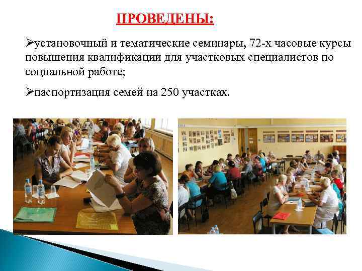 ПРОВЕДЕНЫ: Ø установочный и тематические семинары, 72 -х часовые курсы ПРОВЕДЕНЫ: Ø установочный и тематические семинары, 72 -х часовые курсы