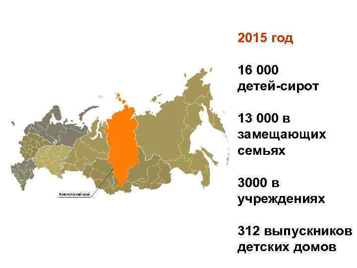 2015 год  16 000 детей-сирот 13 000 в замещающих семьях 3000 в учреждениях