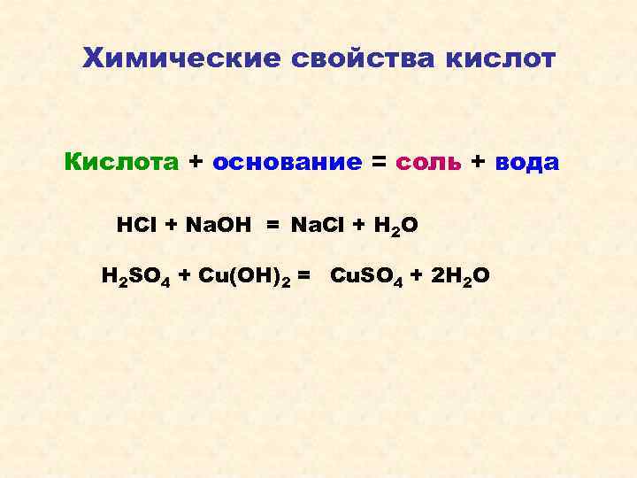  Химические свойства кислот  Кислота + основание = соль + вода HCl +