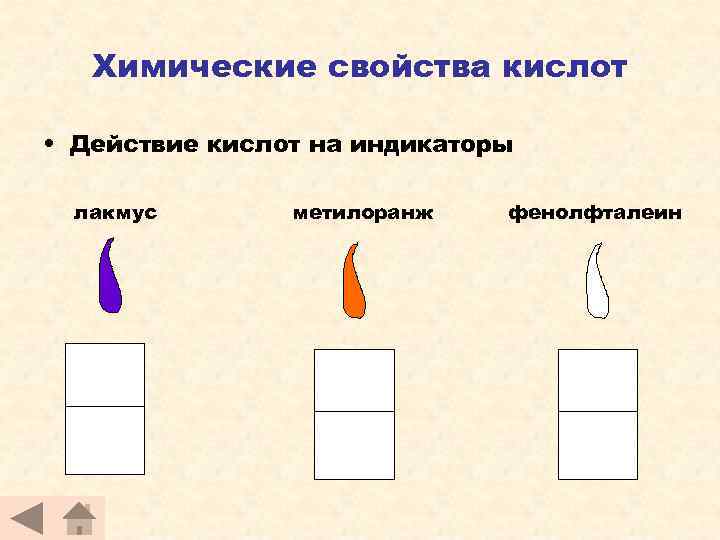   Химические свойства кислот  • Действие кислот на индикаторы  лакмус 