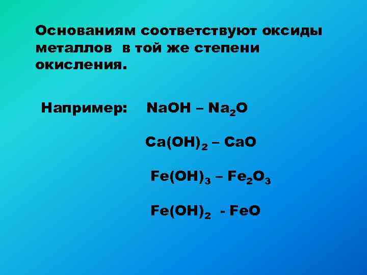 Основаниям соответствуют оксиды металлов в той же степени окисления.  Например:  Na. OH