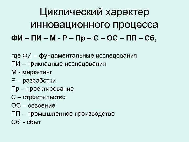   Циклический характер инновационного процесса ФИ – ПИ – М - Р –