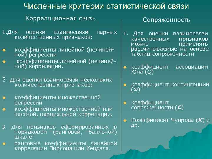 Численные критерии статистической связи Корреляционная связь Сопряженность Численные критерии статистической связи Корреляционная связь Сопряженность