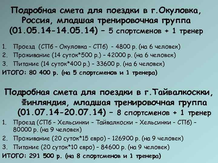  Подробная смета для поездки в г. Окуловка,   Россия, младшая тренировочная группа