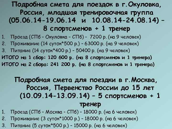   Подробная смета для поездок в г. Окуловка,  Россия, младшая тренировочная группа