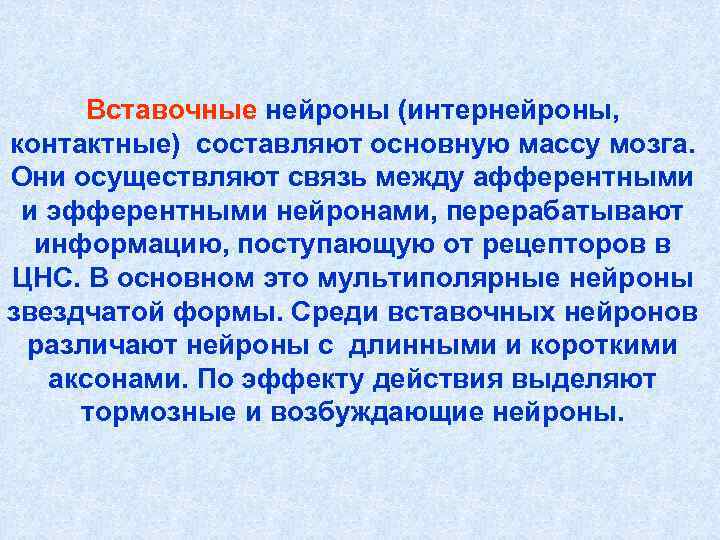 Вставочные нейроны (интернейроны, контактные) составляют основную массу мозга. Они осуществляют связь между афферентными Вставочные нейроны (интернейроны, контактные) составляют основную массу мозга. Они осуществляют связь между афферентными