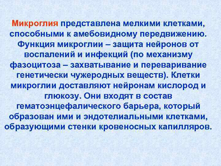 Микроглия представлена мелкими клетками, способными к амебовидному передвижению. Функция микроглии – защита Микроглия представлена мелкими клетками, способными к амебовидному передвижению. Функция микроглии – защита