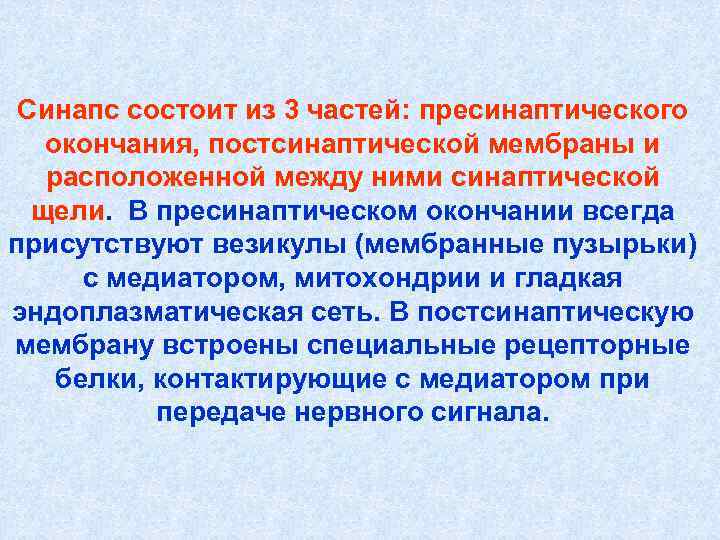 Синапс состоит из 3 частей: пресинаптического окончания, постсинаптической мембраны и расположенной Синапс состоит из 3 частей: пресинаптического окончания, постсинаптической мембраны и расположенной