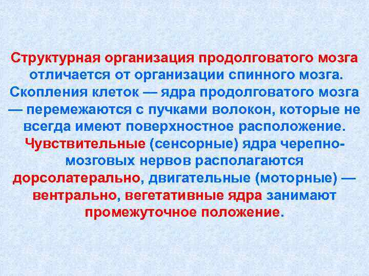 Структурная организация продолговатого мозга  отличается от организации спинного мозга. Скопления клеток — ядра