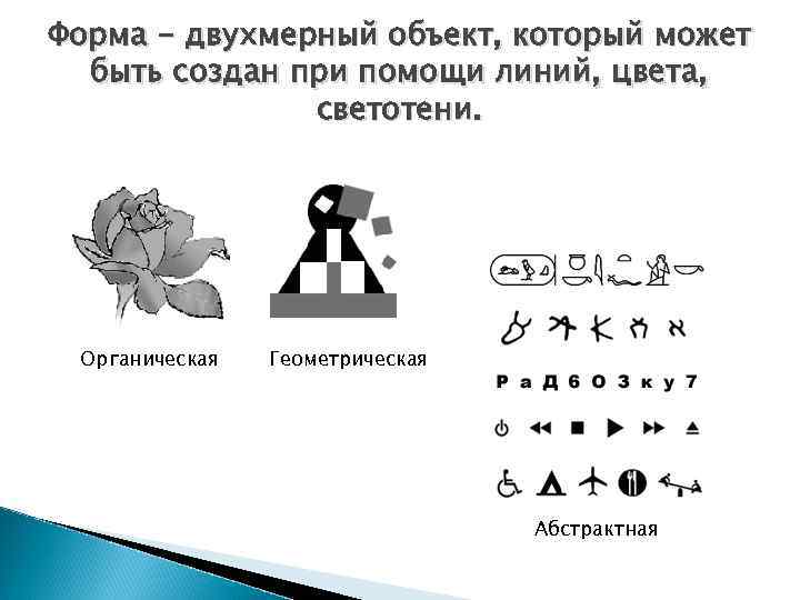 Форма - двухмерный объект, который может  быть создан при помощи линий, цвета, 