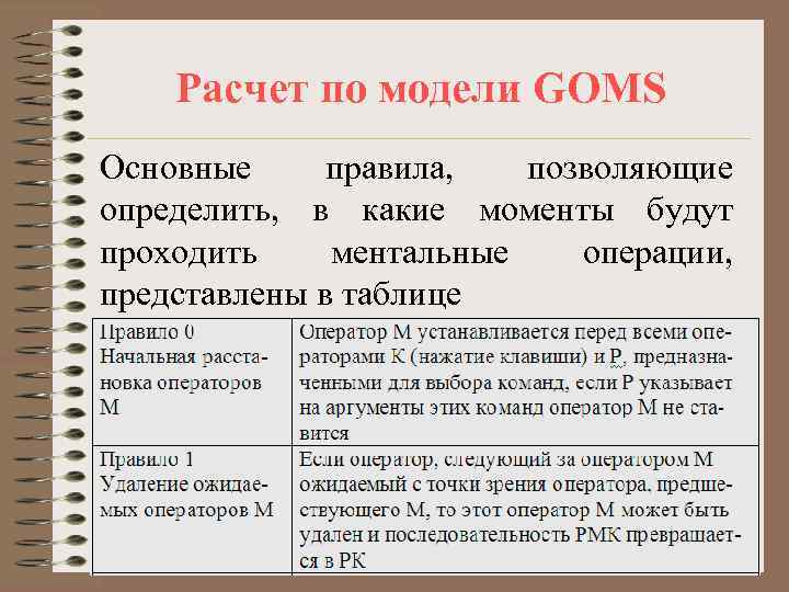   Расчет по модели GOMS Основные правила,  позволяющие определить, в какие моменты