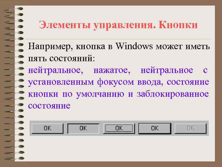  Элементы управления. Кнопки Например, кнопка в Windows может иметь пять состояний: нейтральное, нажатое,