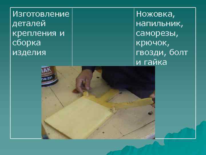 Изготовление  Ножовка, деталей  напильник, крепления и  саморезы, сборка   крючок,