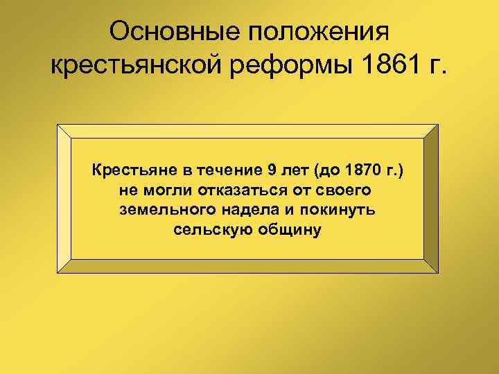   Основные положения крестьянской реформы 1861 г. Крестьяне в течение 9 лет (до