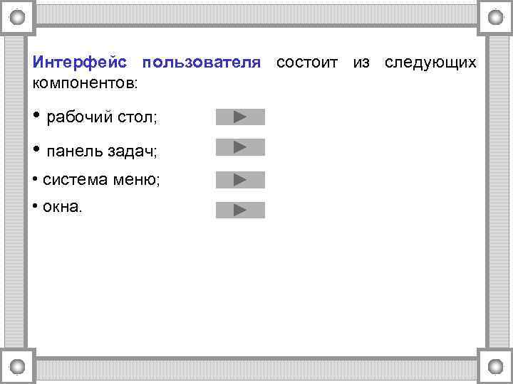 Интерфейс пользователя состоит из следующих компонентов:  • рабочий стол;  • панель задач;
