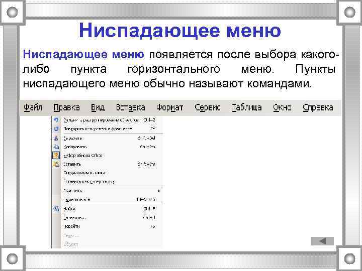  Ниспадающее меню появляется после выбора какого- либо  пункта горизонтального  меню.