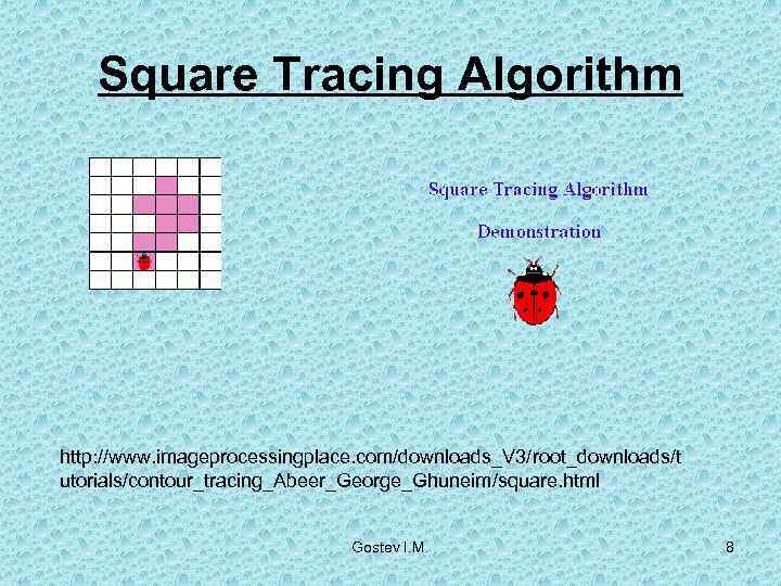   Square Tracing Algorithm http: //www. imageprocessingplace. com/downloads_V 3/root_downloads/t utorials/contour_tracing_Abeer_George_Ghuneim/square. html  