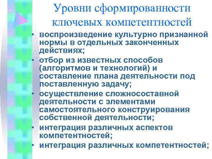   Уровни сформированности ключевых компетентностей • воспроизведение культурно признанной  нормы в отдельных