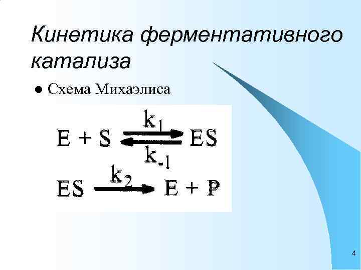 Кинетика ферментативного катализа l  Схема Михаэлиса      4 
