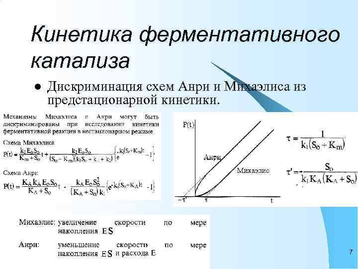 Кинетика ферментативного катализа l  Дискриминация схем Анри и Михаэлиса из предстационарной кинетики. 