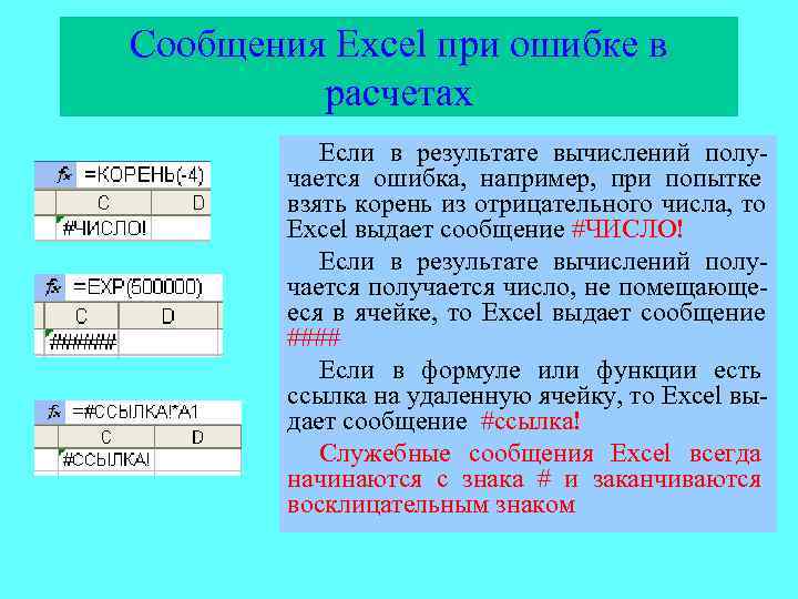 Сообщения Excel при ошибке в   расчетах  Если в результате вычислений полу-