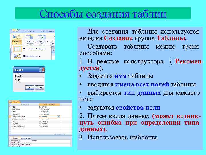 Способы создания таблиц  Для создания таблицы используется  вкладка Создание группа Таблицы. 