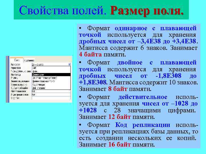 Свойства полей. Размер поля.   • Формат одинарное с плавающей  точкой используется