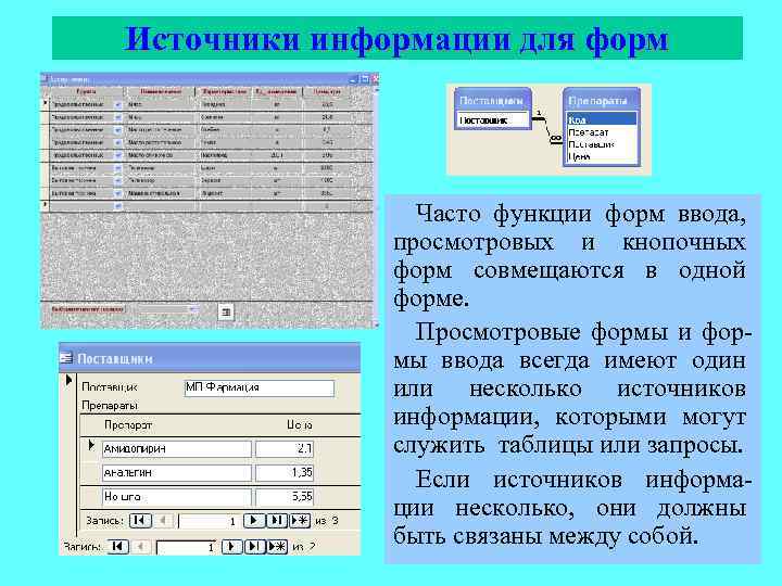 Источники информации для форм    Часто функции форм ввода,   