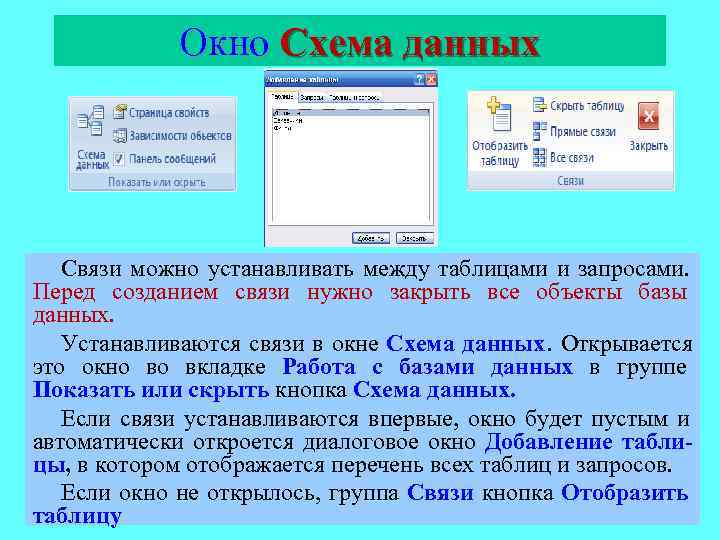    Окно Схема данных  Связи можно устанавливать между таблицами и запросами.